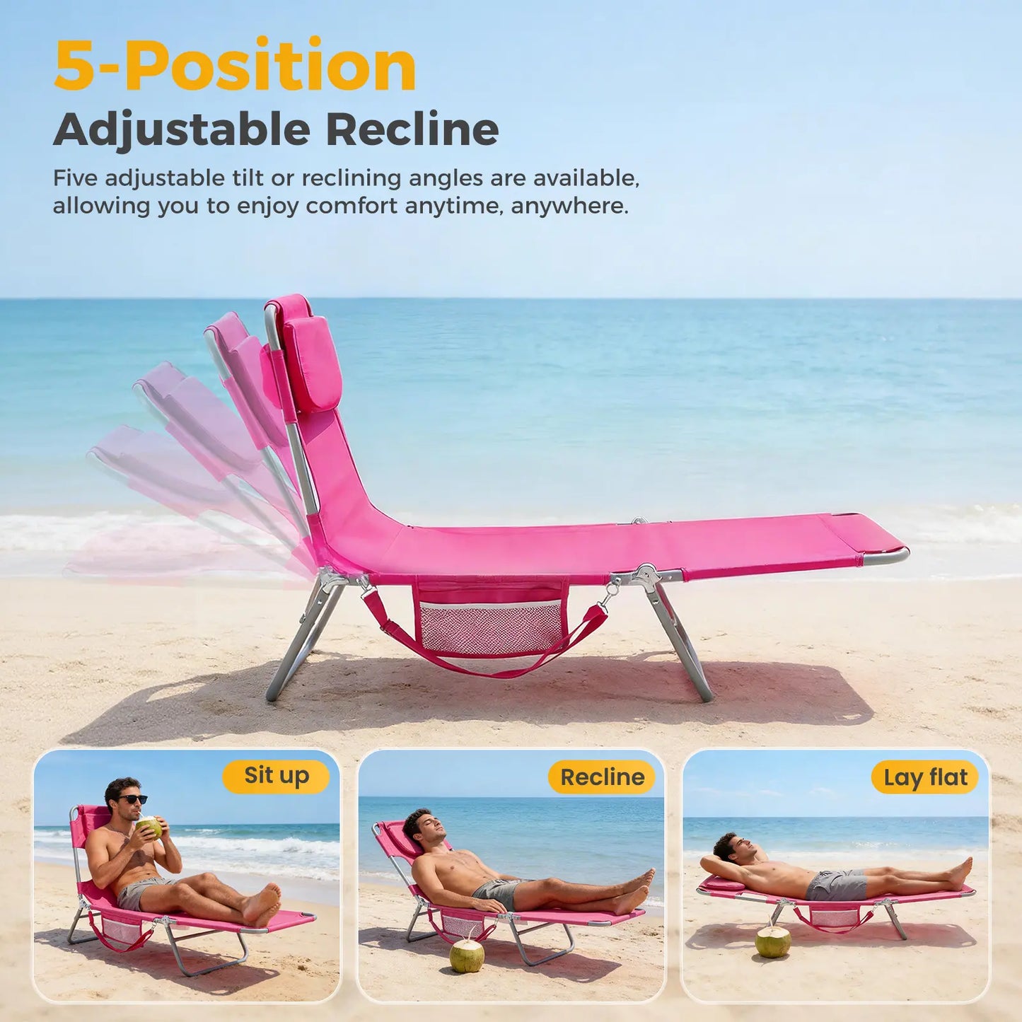 Adjustable Folding Chaise Lounge Chair with Backpack Straps & Side Pocket