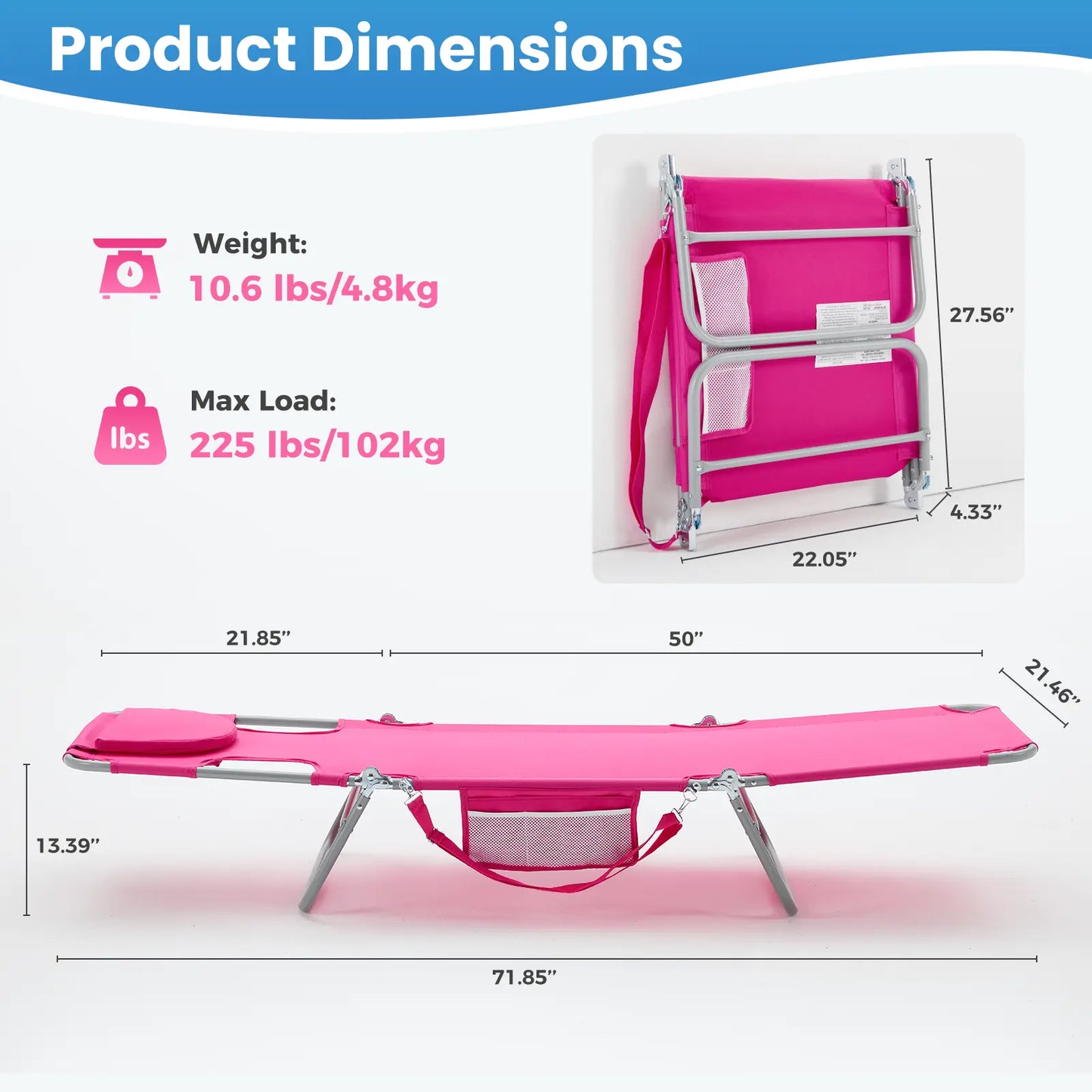 Adjustable Folding Chaise Lounge Chair with Backpack Straps & Side Pocket