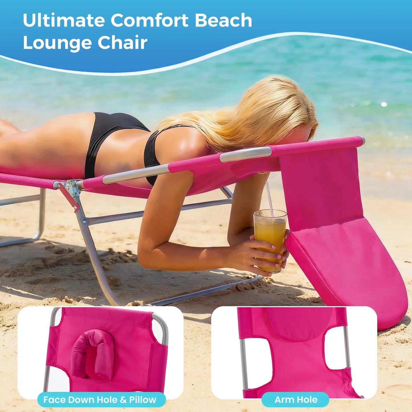 Adjustable Folding Chaise Lounge Chair with Backpack Straps & Side Pocket