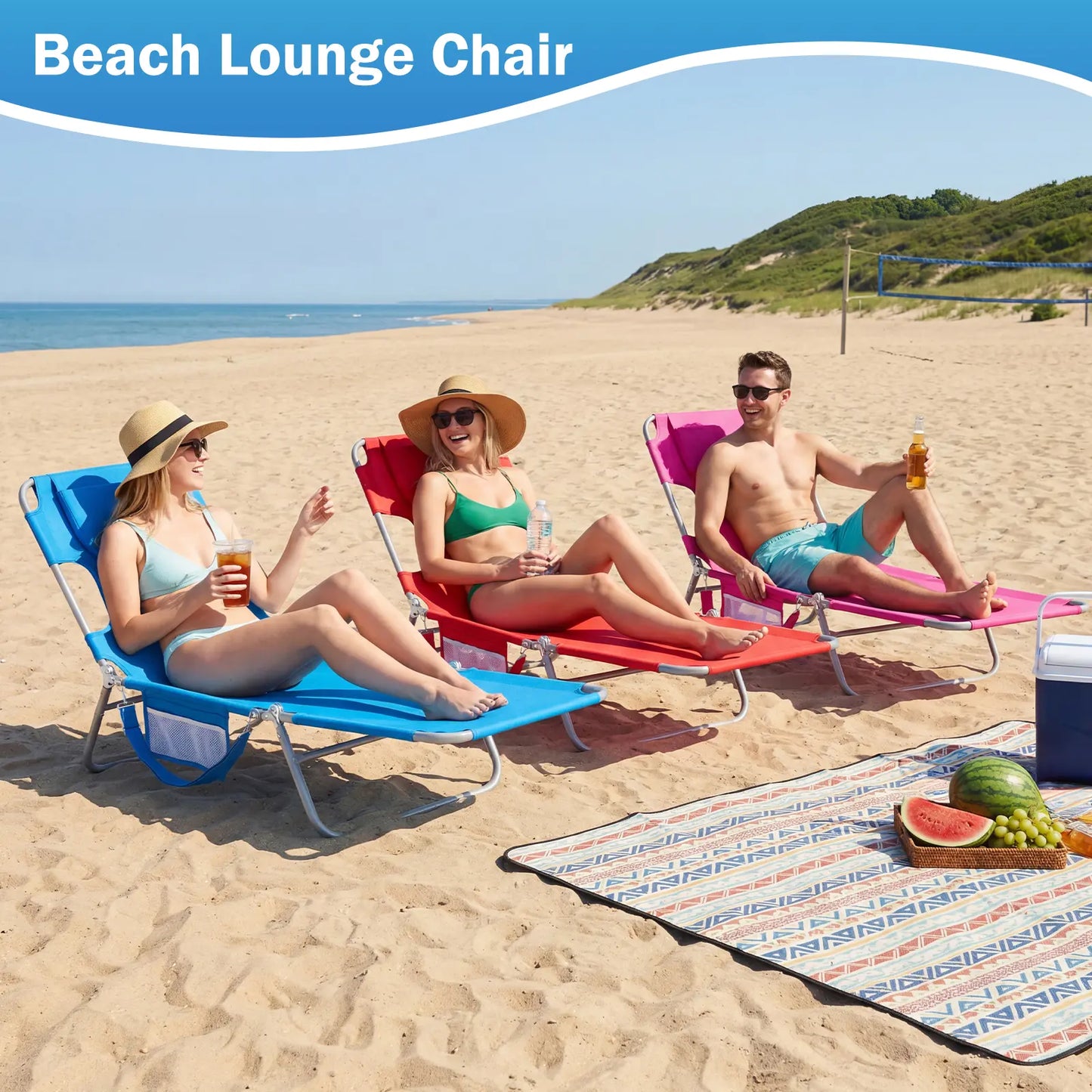 Adjustable Folding Chaise Lounge Chair with Backpack Straps & Side Pocket