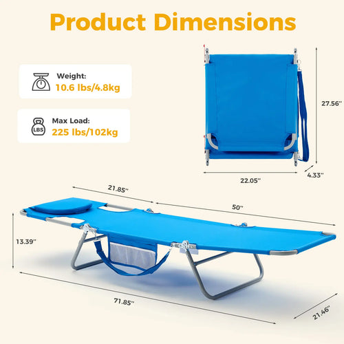 Adjustable Folding Chaise Lounge Chair with Backpack Straps & Side Pocket