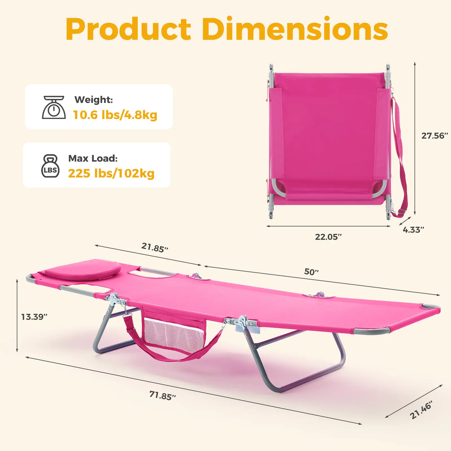 Adjustable Folding Chaise Lounge Chair with Backpack Straps & Side Pocket