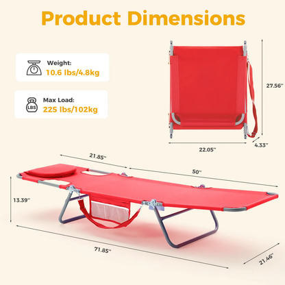 Adjustable Folding Chaise Lounge Chair with Backpack Straps & Side Pocket